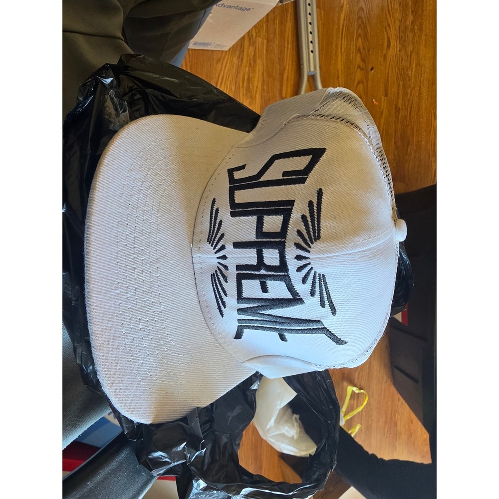 Supreme White Embroidered Logo Mesh Back Trucker Hat Snapback Cap
